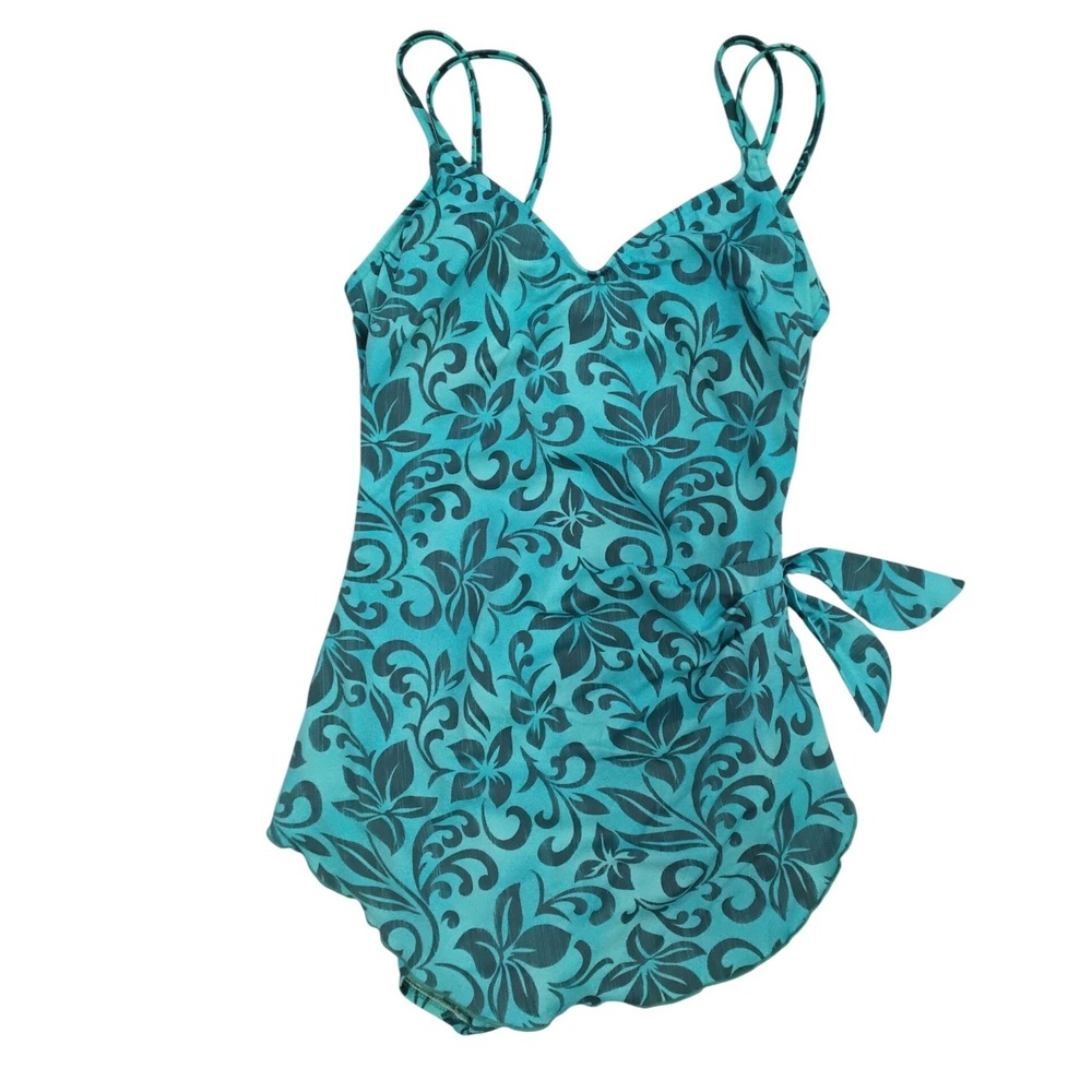 Maxine of Hollywood Teal Floral Faux Wrap Swimdress One Piece Swimsuit 14